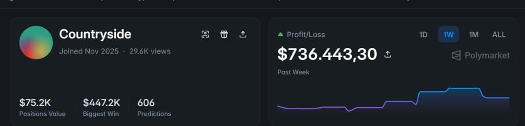 Perfil de trader com gráfico de P&L, valor das posições e maior vitória.